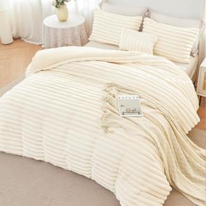 ANGIYUIN 3 Pieces Cream Fluffy Girls Duvet Cover Set Twin Beige Faux Fur Stripe Comforter Cover Luxury Fuzzy Bedding Cover Set for Kids Teens 1 Duvet Cover with 2 Pillowcases(Cream Twin)