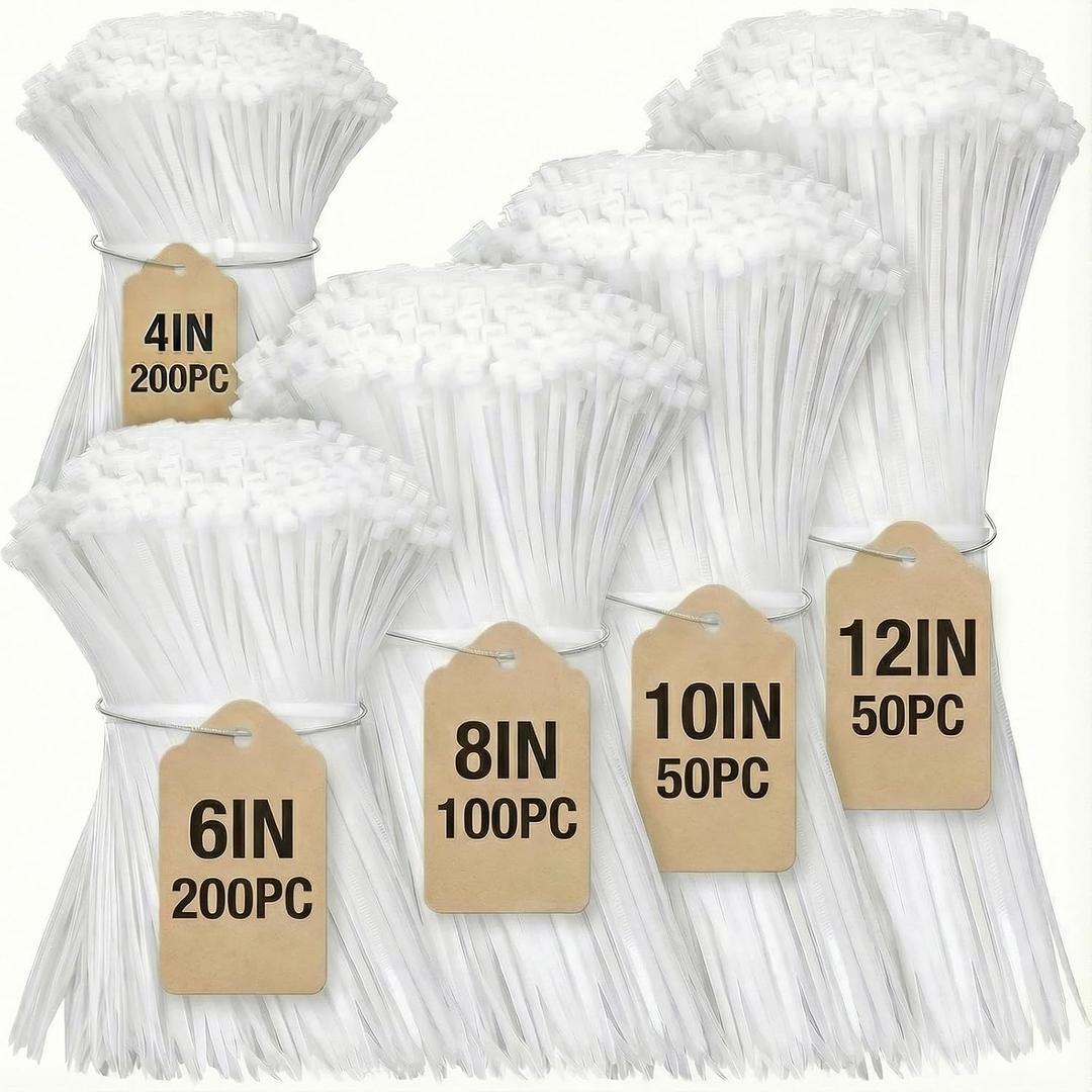 6 x Cable Zip Ties,600 Piece Self-Locking Nylon Cable Ties,Assorted Sizes 4+6+8+10+12-Inch,Multi-Purpose Wire Management Plastic Ties,Perfect for Home,Garden,Office,Travel and Workshop.White