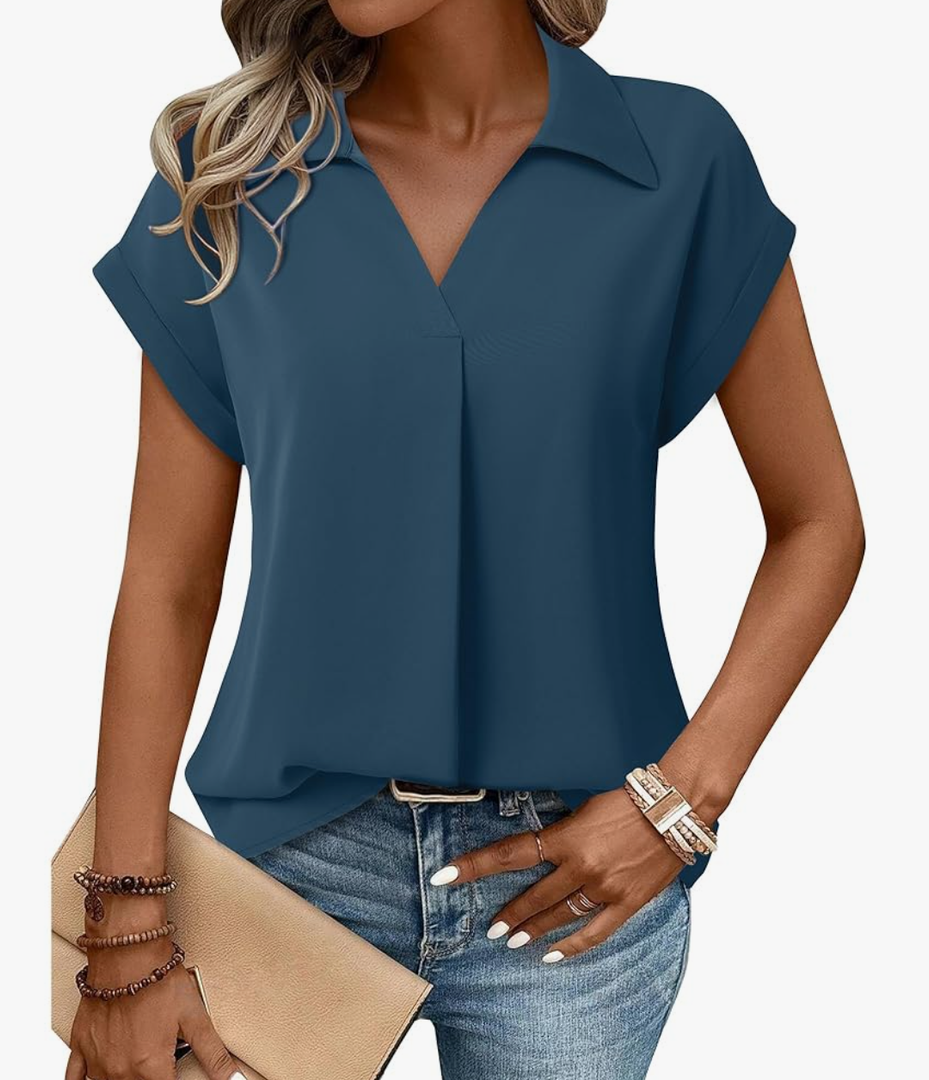 Gaharu Women's Summer Work Blouse V Neck Short Sleeve Lapel Shirt Top Tunic Navy Blue XL