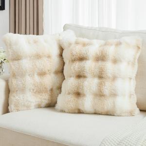 FUTEI Pack of 2 Faux Fur Throw Pillow Covers 26x26 Inch Soft Raised Textured Decorative Euro Pillow Shams Modern Farmhouse Accent for Couch Bed Living Room, Beige White