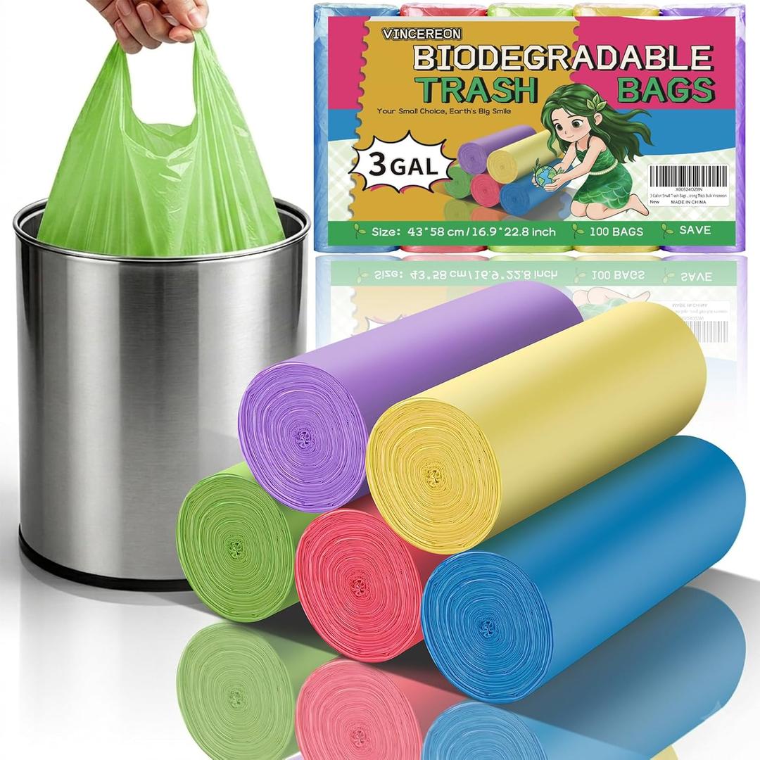 3 Gallon Small Trash Bags Bathroom - Colorful With Handles Mini Garbage Bags 100 Count Biodegradable Unscented 12 Liter Little Wastebasket Liners Kitchen Car Office Strong Thick Bulk Vincereon