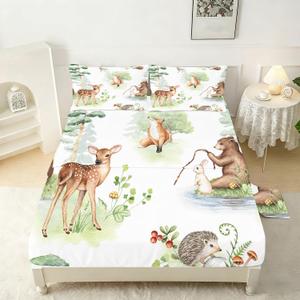 Kids Wildlife Sheet Set Forest Animals Fitted Sheet Set Full Size for Kids Cartoon Sheet for Bedroom Soft Microfiber 4-Piece Sheet Set 1 Fitted Sheet+1 Flat Sheet+2 Pillowcases Bedding Set Light Green, Full