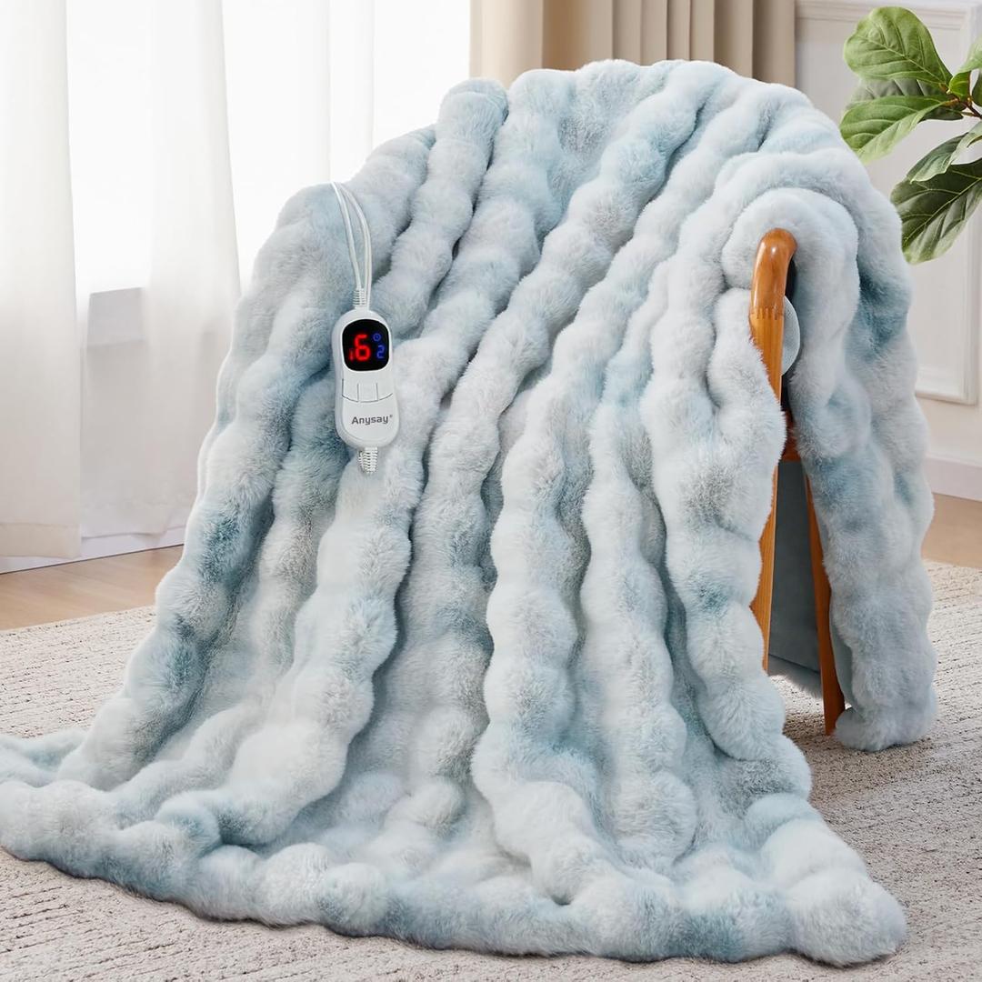 Anysay Heated Blanket Full Size with 1/2/4/6/8 Hours Auto-Off 10 Heat Level, 62'' * 84'' Cozy Faux Rabbit Fur Bubble Electric Blanket with Overheat Protection(Tie-Dye Blue)