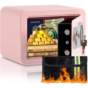 0.23 Cubic Feet Safe Box, Small Safe W/Fireproof Bag, Keys & Pass Code, Digital Electronic Security Money Box for Cash, Document, Home, Office, Hotel Use, Pink, 6.69"D x 9.06"W x 6.69"H