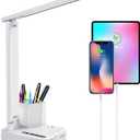 COZOO LED Desk Lamp with 2 USB Charging Ports,Type C Port,1 AC Outlet,2 Pen Holders,3 Color Temperature 3 Brightness Level,Touch/Memory/Timer,10W Eye Protection Foldable Reading Light,Study Lamp-White