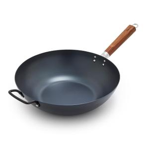 GreenPan Carbon Steel Wok 14, Flat Bottom, Durable Stir-Fry Pan, Pre-Seasoned Nonstick Patina, High Heat Retention, Induction, Ash Wood Handle, Kyoto, Black