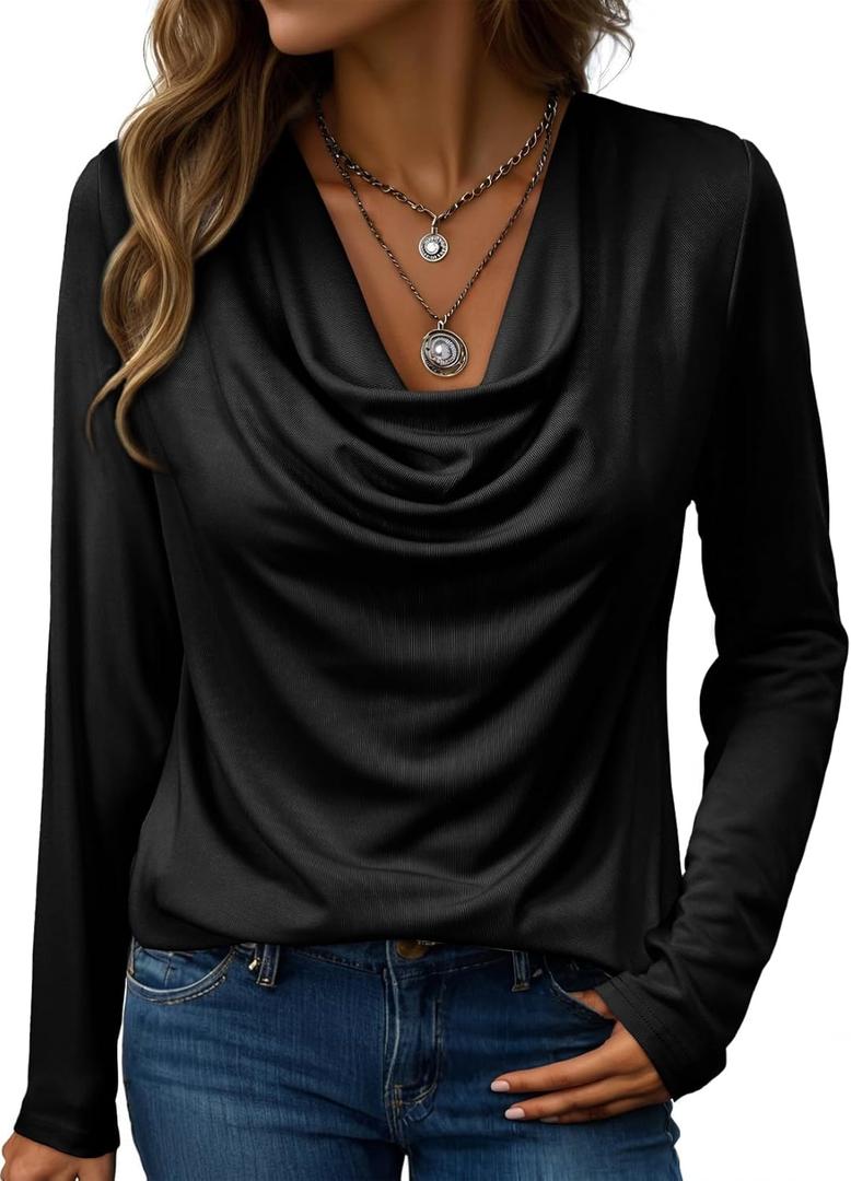 EVALESS Long Sleeve Shirts for Women Fall Womens Tops Spring Cowl Neck Draped Blouses Tee Professional Teacher Outfits for Work Office Formal Business Casual Outfits Loose Fitted (Black, Large)
