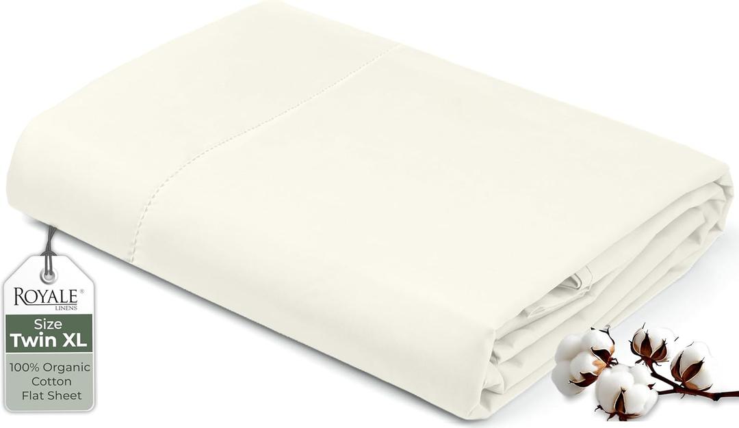 Royale Linens 100% Organic Cotton Twin XL Flat Sheet Only - Super Soft - Percale Top Sheets - Twin XL Flat Sheet Sold Separately - Breathable, Cool & Crisp Ivory Sheets Only (66" x 102", Ivory)