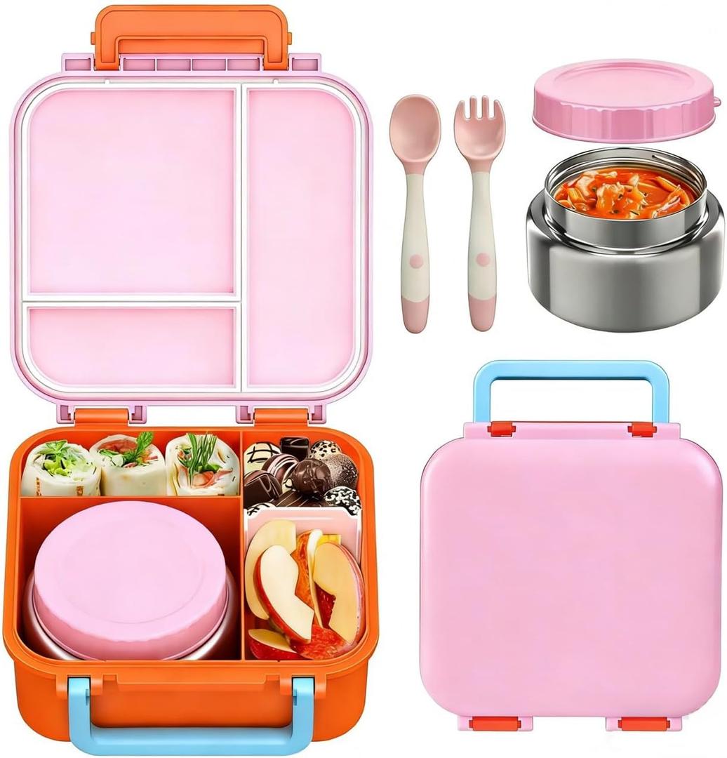 Bento Box for Kids with Soup Thermos(9oz) Kid Bento Lunch Box with Leak Proof Insulated Food Jar, Hot & Cold Lunch Container Set for School Girls Boys, 4-Compartments, Pink/Orange