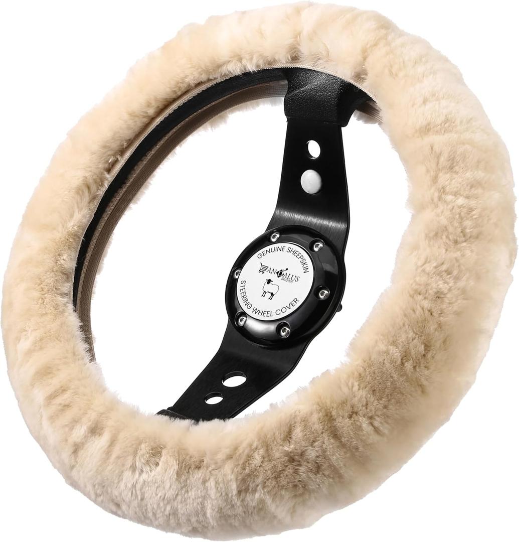 Andalus Brands Luxury Fluffy Car Steering Wheel Covers – Genuine Merino Sheepskin, Soft Fuzzy Car Steering Wheel Cover for Women, Universal 14.5-15" Size, Plush Fur Cute Auto Accessories, Pearl