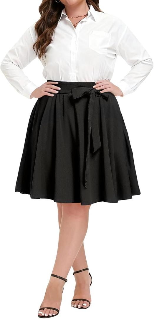 Women's Plus Size Midi Skater Skirt High Waist A-Line Stretchy Flared Casual Skirt with Pockets