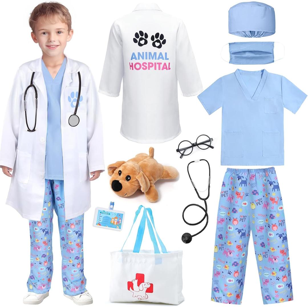 G.C Kids Veterinarian Costume Toddler Doctor Kit Scrubs Doctor Vet Costume Play Set Boys Girls Halloween Dress Up Career Day (140 (8-10Y), Blue)