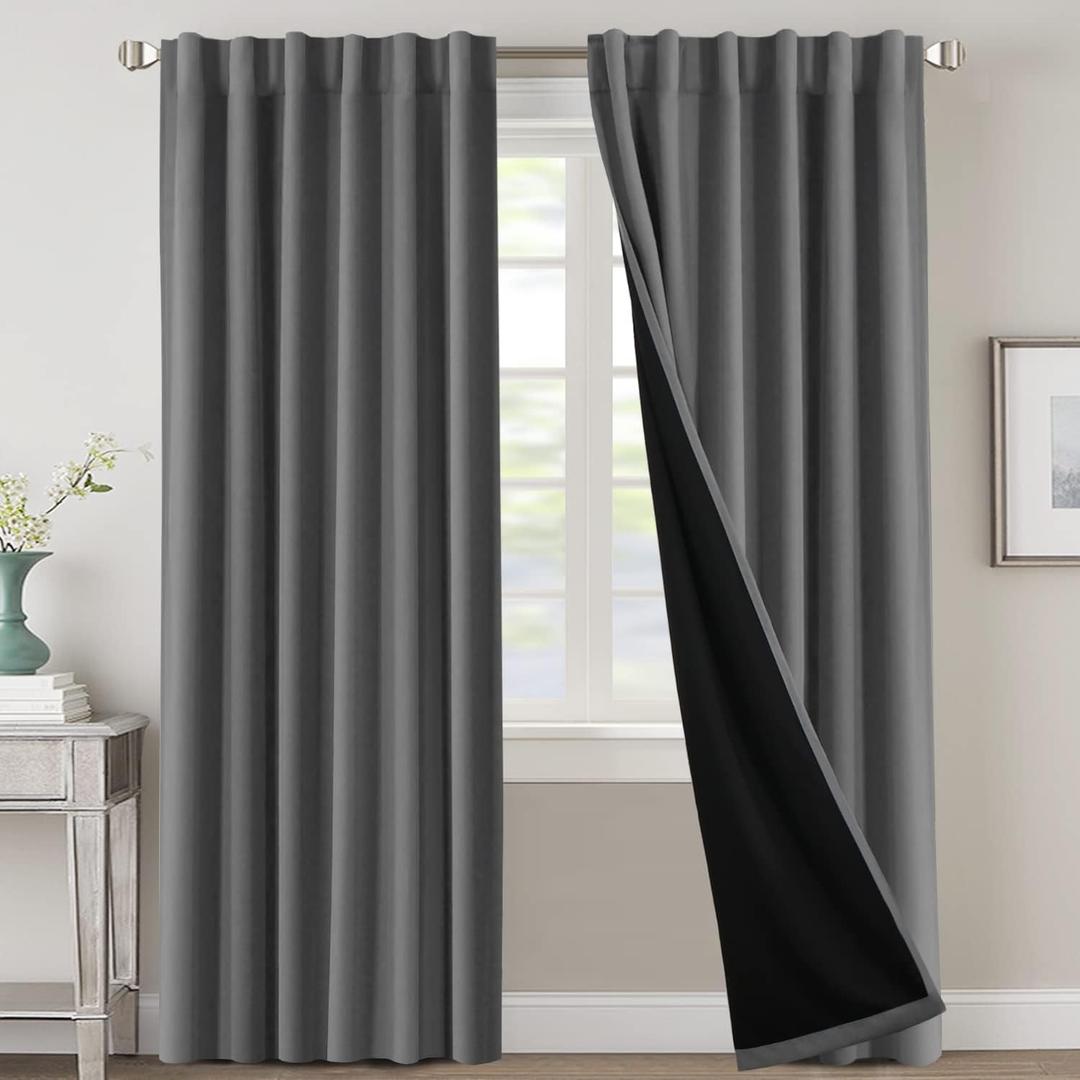 H.VERSAILTEX 100% Blackout Curtains for Bedroom with Black Liner Full Room Darkening Curtain 108 Inch Long Thermal Insulated Back Tab/Rod Pocket Window Treatment Drapes for Living Room, 2 Panels, Grey