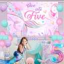 Mermaid Birthday Party Decorations, Dive Into Five Ocean Theme 5th Birthday Backdrop Cake Cupcake Toppers Pink Purple Blue Balloon for Girl 5 Year Old Party