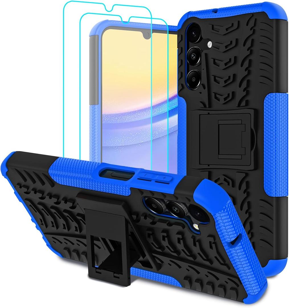 for Samsung Galaxy A15 5G Case with 2 Pack Screen Protector,Military Grade Shockproof, Heavy Duty Robust Bumper Cover with Kickstand for Galaxy A15 5G Phone Blue
