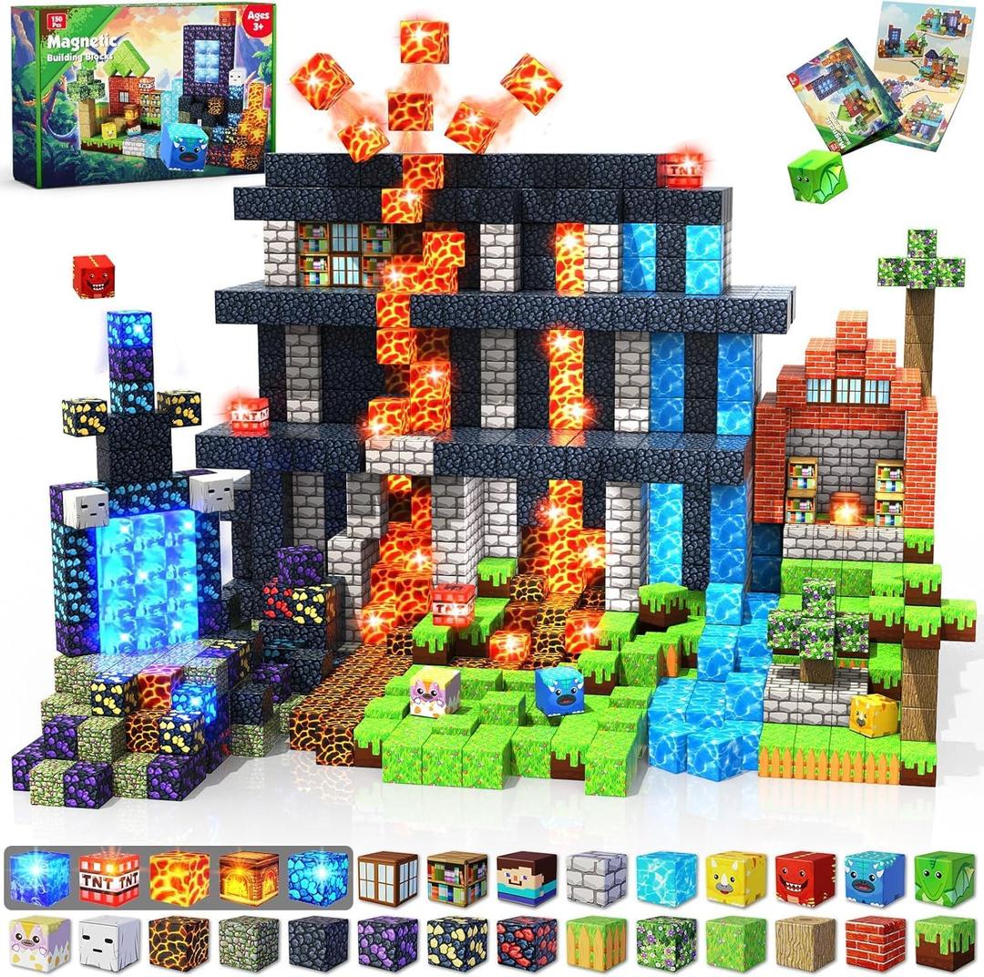 Magnetic Blocks - 150 PCS Dinosaur Volcano Forest Castle Set with Light Up Blocks - Kids Classroom Sensory Toy for Toddlers STEM, Construction Stacking Toy Kids 3+ Boys Girls Christmas Birthday Gifts