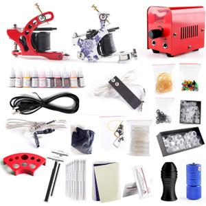 One Tattoo World Red Series Tattoo Kit 2 Tattoo Machines, Digital Power Supply, 10 Color 5ml Tattoo Inks, Grips, Needles, Transfer Paper etc, OTW-KTR210A
