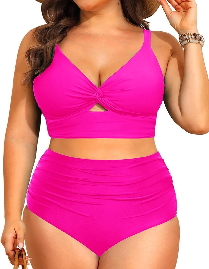 Daci Plus Size Two Piece Swimsuits - Women High Waisted Bikini Tummy Control Bathing Suits Knot Twist Swimwear 2025 (Pink, L)