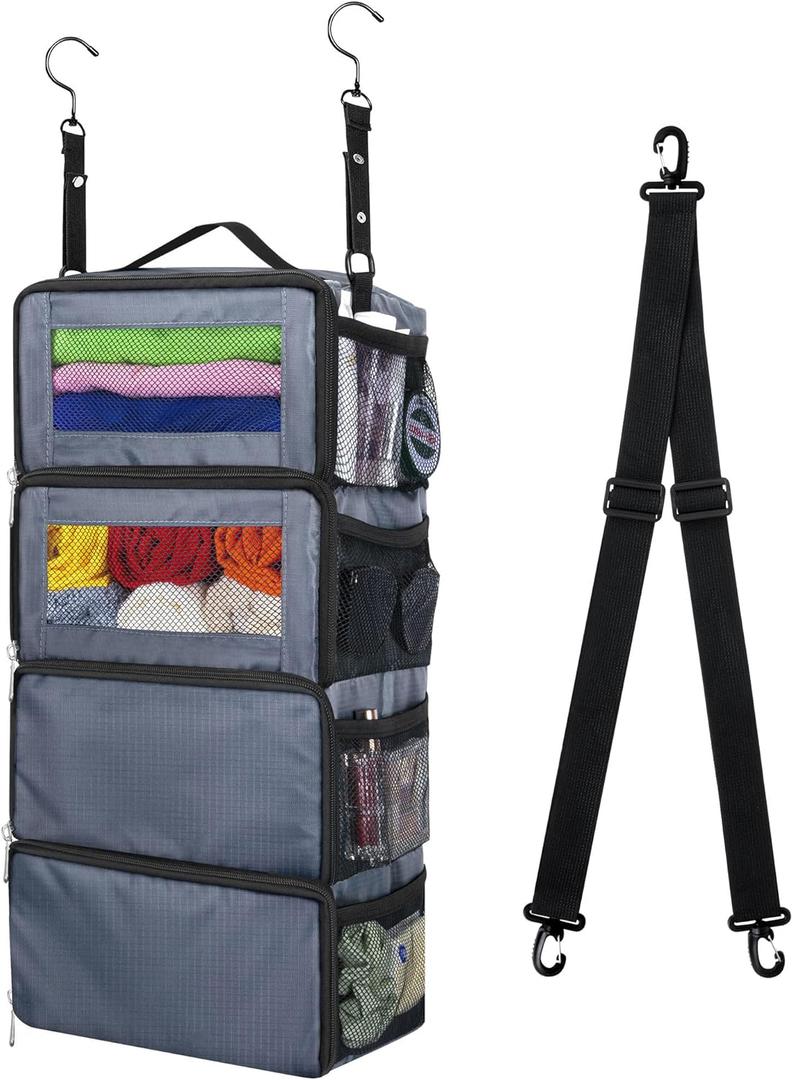 Suitcase Organizer, Carry on Closet Luggage Organizers Accessories for Travel, Foldable and Hangable Portable Hanging Travel Shelves with a Shoulder Strap to Use As a Travel Backpack Small, Gray