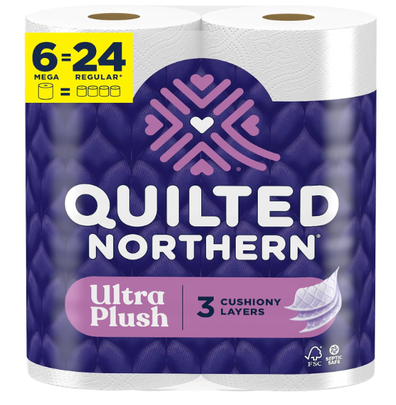 6pcs Quilted Northern Ultra Plush Toilet Paper, 6 Mega Rolls = 24 Regular Rolls, 3X Thicker*, 3 Ply Soft Toilet Tissue | 3X Thicker*, Ultra Soft 