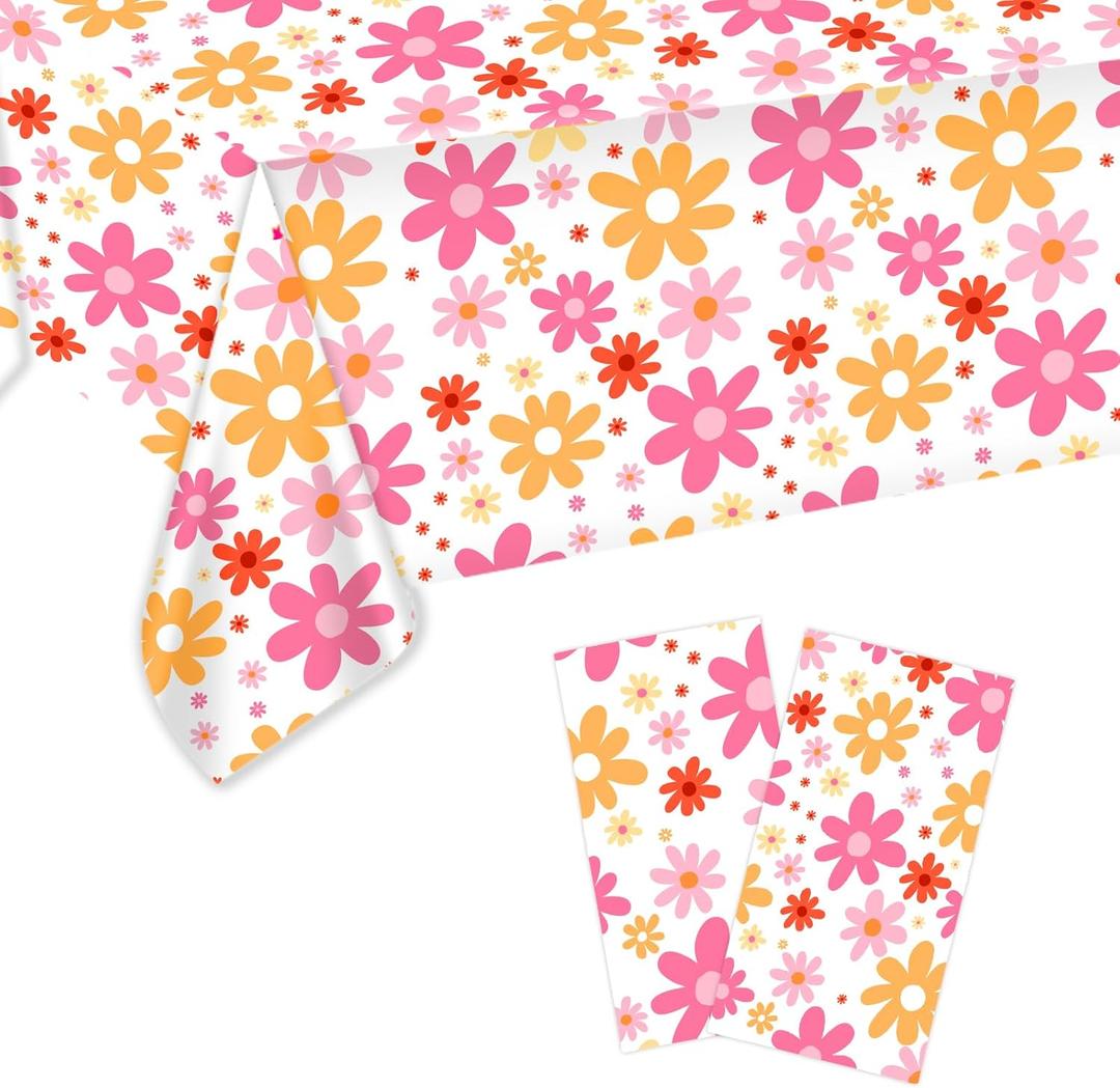 2pcs Daisy Tablecloth, 54 x 108 Inch Plastic Bohemian Floral Tablecloth Vintage Hippie Flowers Rectangular Tablecloth for 70s Birthday Baby Shower Wedding Party Table Cover Decoration