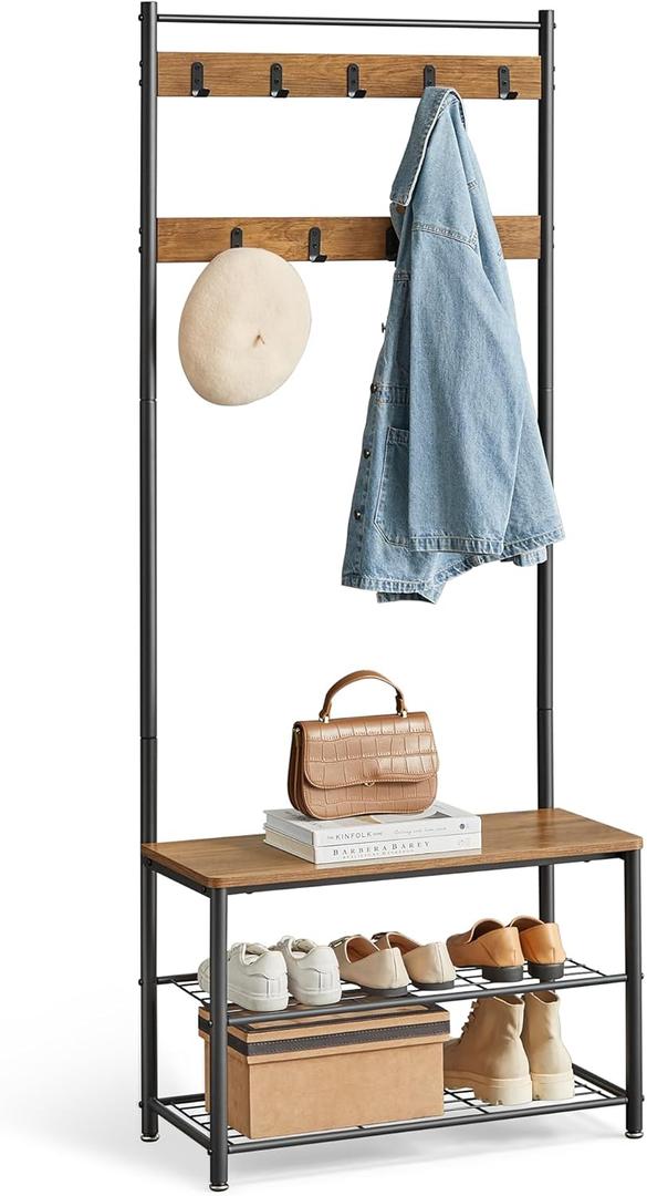 VASAGLE Coat Rack, Hall Tree with Shoe Storage Bench, Entryway Bench with Shoe Storage, 3-in-1, Steel Frame, for Entryway, 12.6 x 27.6 x 68.9 Inches, Industrial, Rustic Walnut and Black UHSR041B41