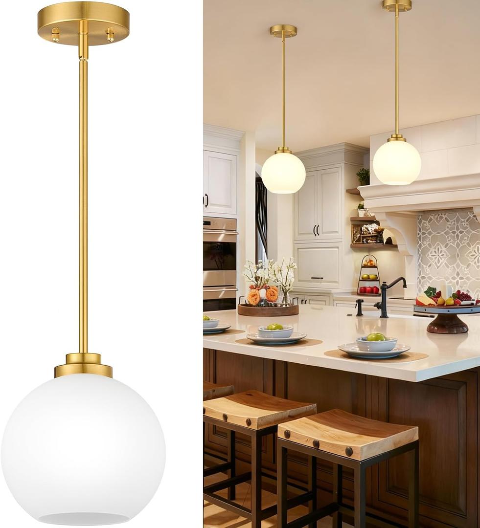 2 Pack 7.2-Inch Globe Pendant Lights, Mid Century Gold Pendant Light Fixtures, Globe Pendant Lights Kitchen Island with Milk Glass Shade Adjustable Hanging Fixture for Dining Room (Bulbs not Included)