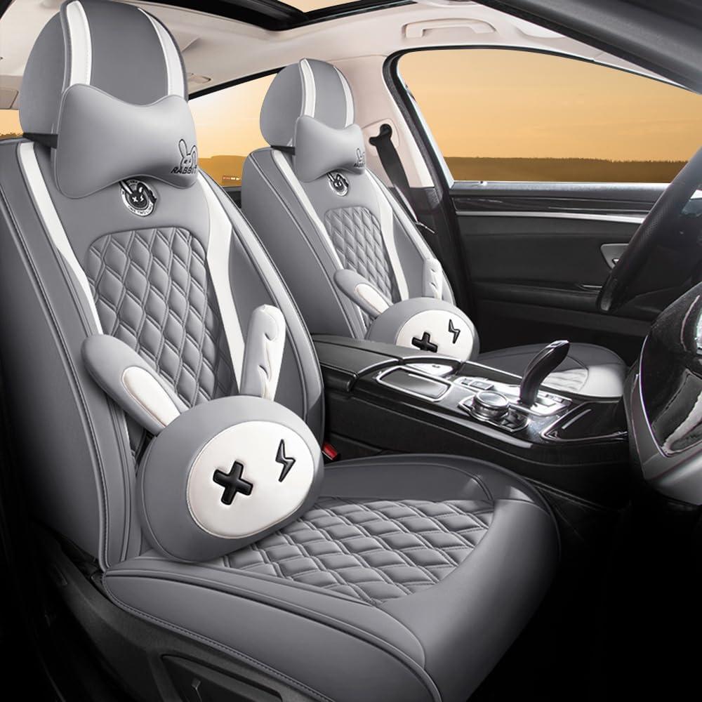 Cute Bunny Seat Cover 5 Set with Waterproof PU Leather for Cars SUV Pick-up Truck Universal Fit Set (Gray) (Gray)