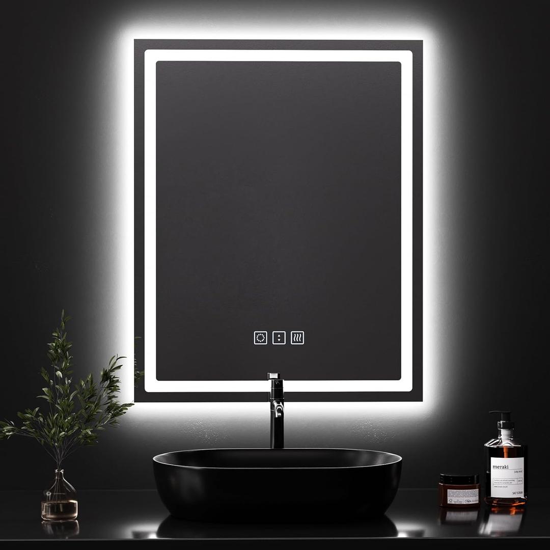 QAOYEDE 20x16 Inch LED Bathroom Mirror with Lights, Small Bathroom Vanity Mirror with Lights, Dimmable Anti-Fog Backlit and Front Light, Memory, 3 Color, Shatter-Proof, Vertically Only