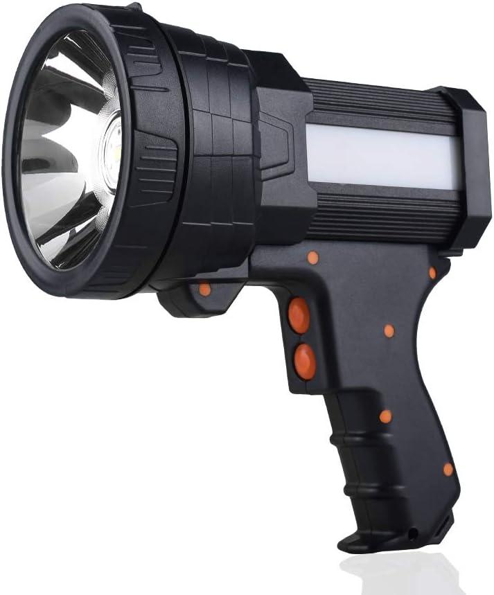 YIERBLUE Rechargeable Spotlight, Super Bright High Lumen LED Handheld Spotlight Long Lasting Large Flashlight Searchlight and Flood Camping Flashlight with Foldable Tripod Black