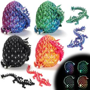 4 Pcs 3D Printed Dragon Glow in The Dark with Eggs, Dinosaur Eggs Fidget Toys for Kids, Birthdays, Christmas, Halloween Decorations Gifts Indoor Outdoor for Girls Boys