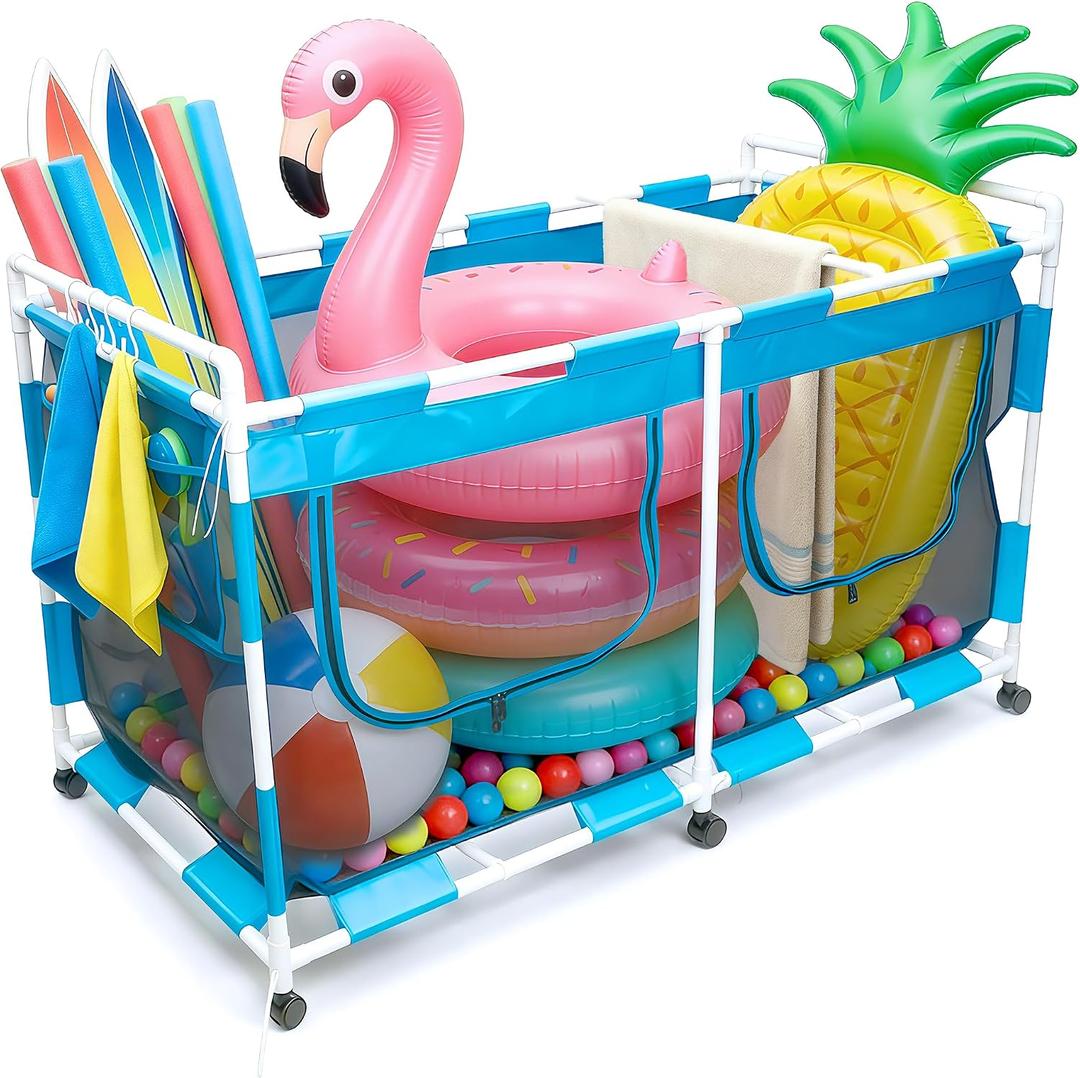 Pool Float Storage Organizer 288 Gallon Pool Storage Bin - Easy Assembly Mesh Rolling Cart with Ample Space for Noodles,Water Sports Gear & Towels Outdoor Poolside & Lawn (62"x32"x35")
