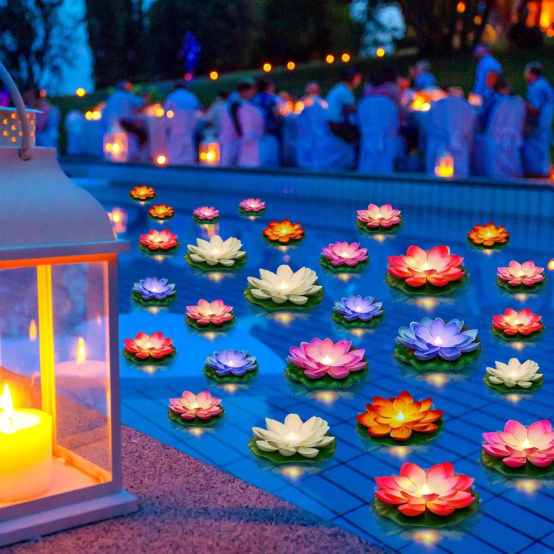 Liliful 36 Pcs Floating Lights Lotus Floating Lanterns Artificial Lily Pads with LED Lights Battery Operated for Pool Party Garden & Pond Summer Decoration (3.94,5.91 Inch,Rich Color)