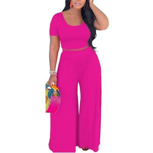 HBQ Two Piece Outfits For Women Casual Sweat Suits Backless Short Sleeve Crop Tops Wide Leg Pants Lounge Sets Tracksuit (Medium, Rose Red)