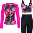 JACK SMITH Women's 3 Piece Long Sleeve Rash Guard Swimsuits Zip Front Bathing Suit Tankini Swimsuits UPF 50, Large