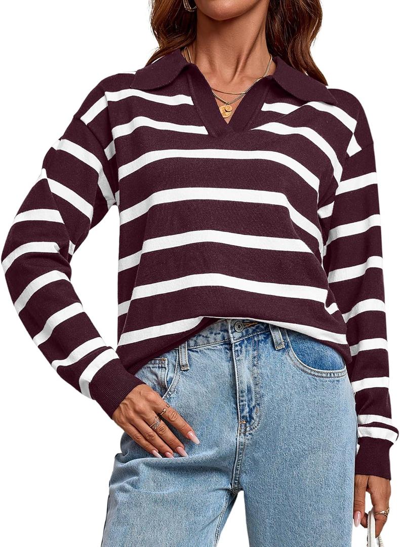 TAKEYAL Women's Striped Long Sleeve Knit Tops Polo V Neck Knitted Pullover Casual Sweater Tops 2024 S-2XL Wine Red, Small