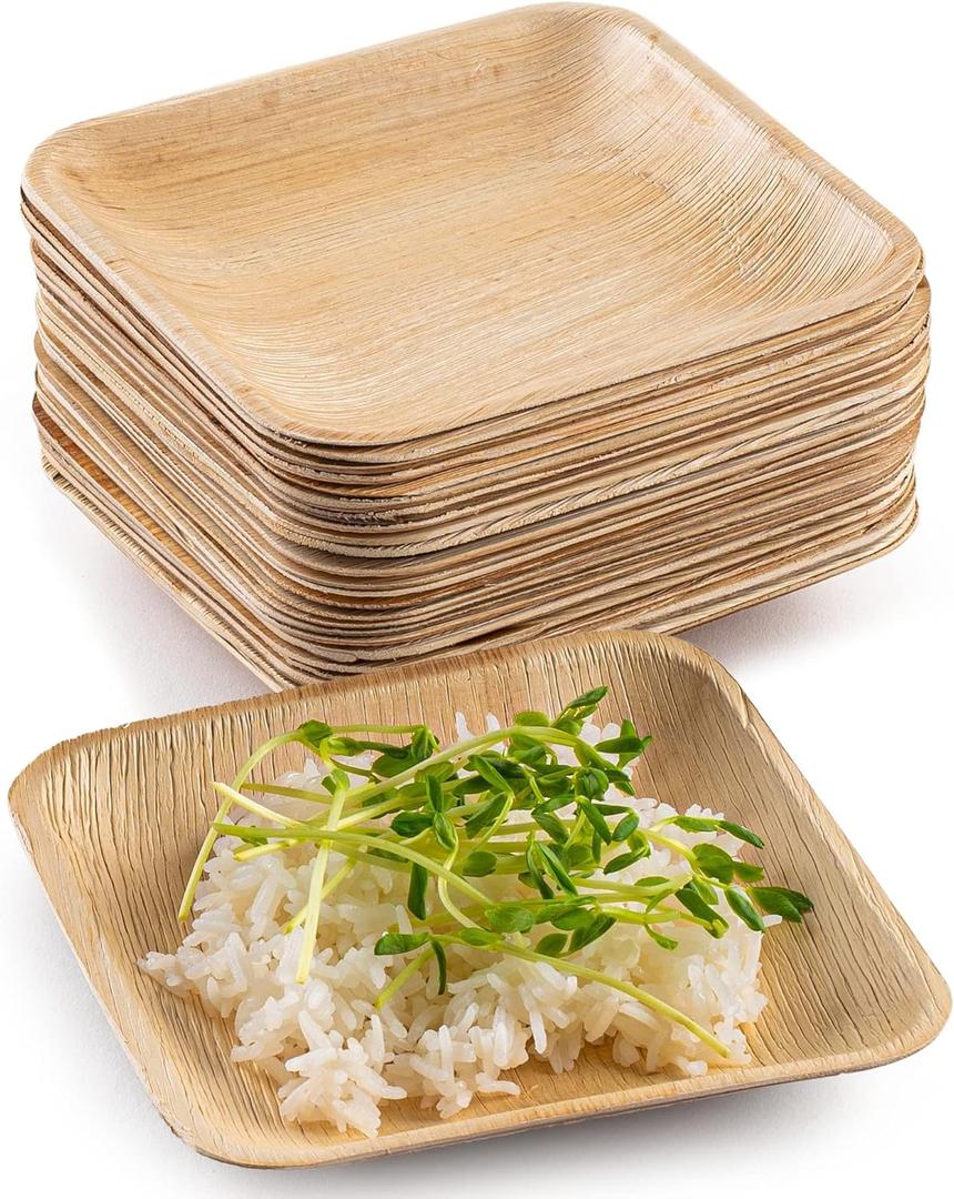 brheez Palm Leaf Plates 100 Ct (6 Inch) - Eco Friendly, Compostable & Biodegradable  Elegant Bamboo Look Disposable Party Plates are Heavy Duty and More Environmentally Friendly than Paper Plates (6" Square Plates)
