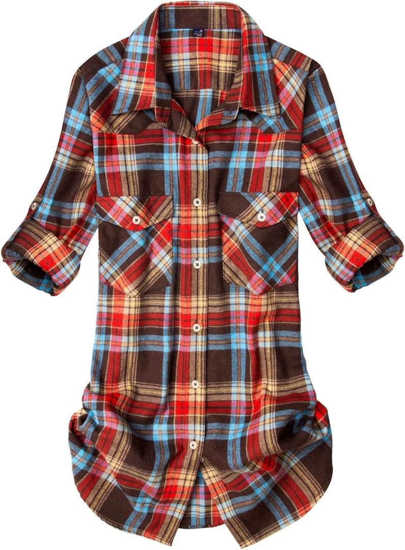 Alimens & Gentle Womens Flannel Shirt Long Sleeve Plaid Shacket Soft Casual Collared Loose Button Down Roll Up Blouses Tops (Large, Multicoloured)