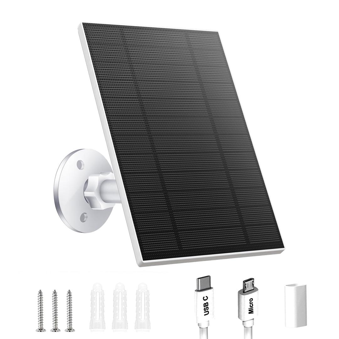 Security Camera 5V 5W Solar Panel - Adjustable Wall Mount, 9.8ft Cable, IP65 Waterproof - Suitable for USB-C & Micro USB (1 Pack)