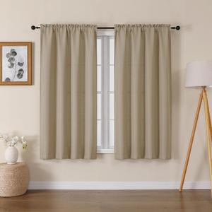 Lecloud Bessie Camel Short Curtains 54 Inch Length 2 Panels, Faux Linen Airy & Privacy Curtains for Bedroom Windows, Rustic Light Filtering Curtain with Dual Rod Pocket, Each 30 W x 54 L