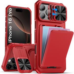 SSLOTSCASE for iPhone 16 Pro Case with Stand & Card Holder & Slide Camera Lens Cover & Kickstand, Stylish Sturdy TPU Soft Silicone Edge Protective Phone Case Cover for iPhone 16 Pro 6.3'' 5G 2024, Red