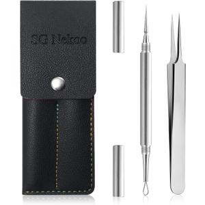 SGNEKOO Professional Facial Milia Removal Tool and Whitehead Extractor,Titanium Alloy Double Ended Needle and Steel Tweezers Kit,Blackhead,Blemish,Zit and Pimple Acne Remover Popper (Stainless Silver)