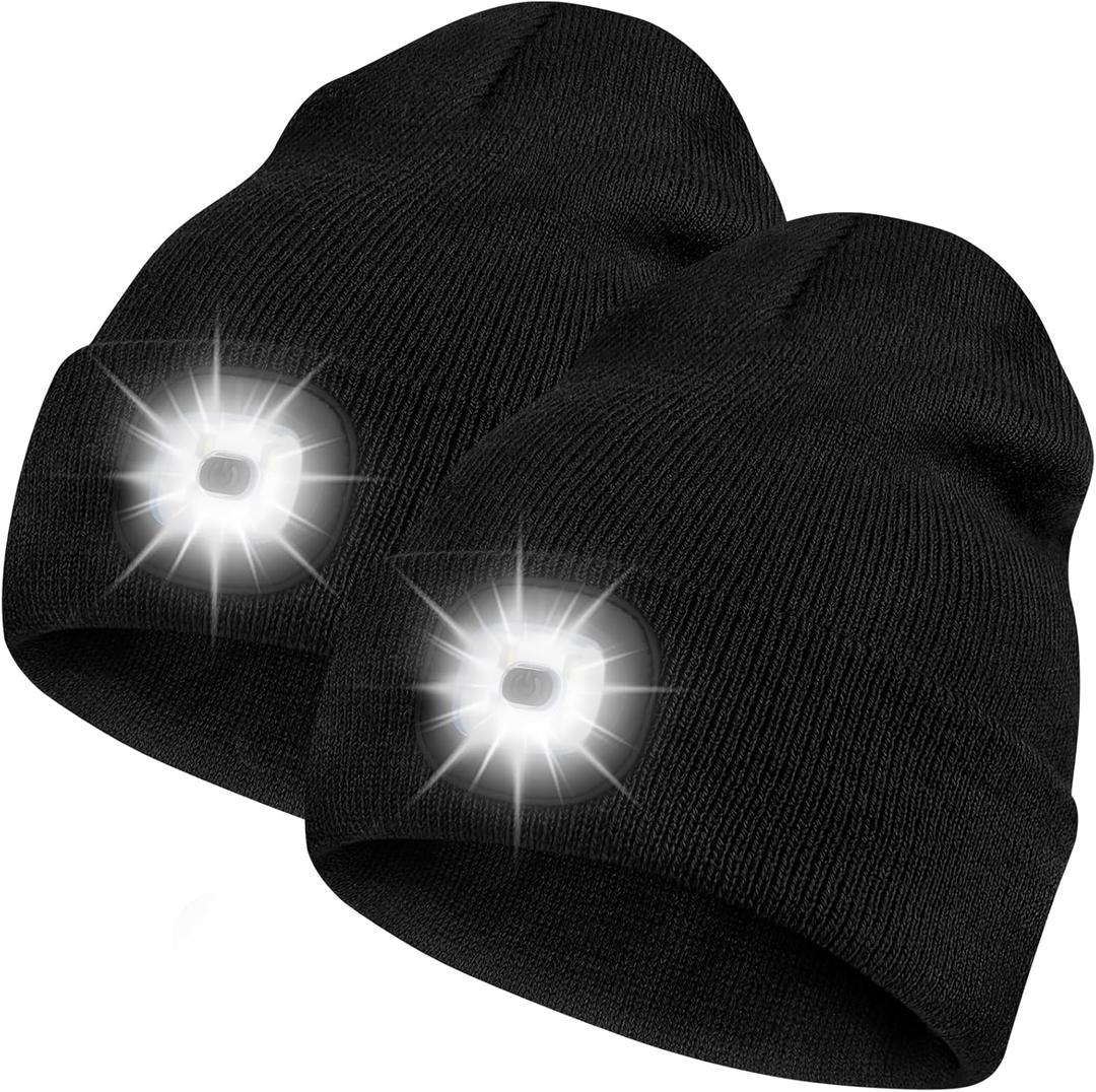 Bosttor LED Beanie Hat with Light 2 Pack, Headlamp Cap, Unisex Winter Knitted Hats Headlight Flashlight Gifts for Men Women (Black&black)