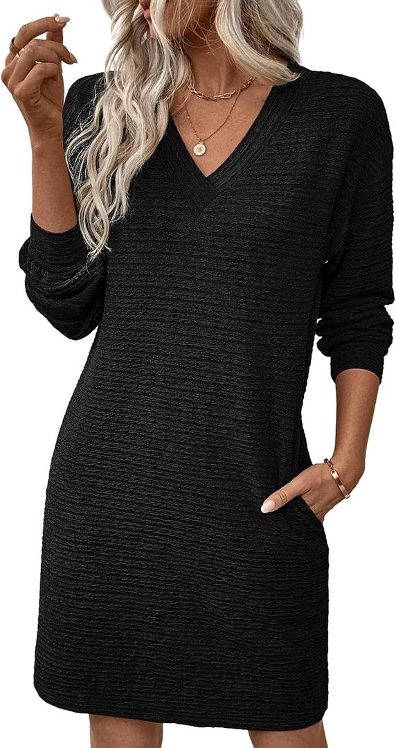 EVALESS Womens Fall Dresses 2026 Long Sleeve V Neck Casual Dress Textured Loose Fit Shift Mini Dress with Pockets (Black, L)