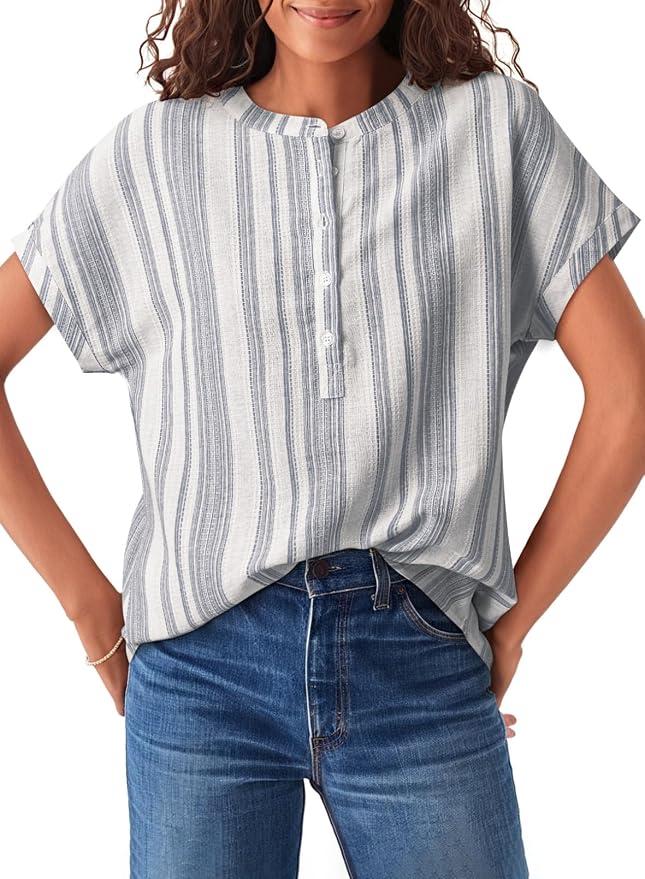 Astylish Womens Striped Henley Neck Linen Shirt Casual Button Down Cap Sleeve Blouse Tops, M