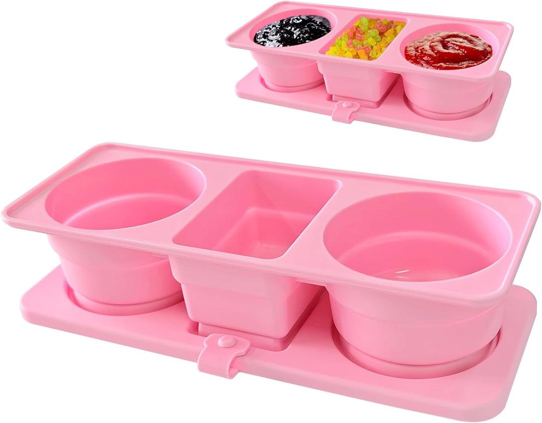 Silicone Snack Containers, Three-Compartment Foldable Snack Box Containers With Lids, Salad Dressing Seasoning Containers, Suitable for Travel, Office, Picnics (Pink)