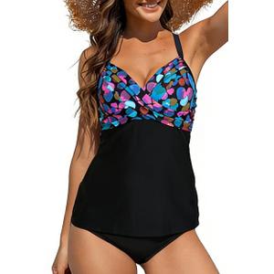 Halcurt Women's Twist Front Tankini Swim Top Only V Neck Loose Fit Bathing Suit Push Up Swimsuit Top Multicolor Dots S