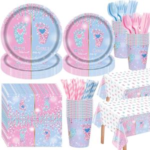 Funnymoom 452 Pcs Gender Reveal Party Decoration for 50 Guests, Boy or Girl Paper Plates and Napkins Cups Tablecloth Cutlery Disposable Tableware Set for Gender Reveal Party Supplies