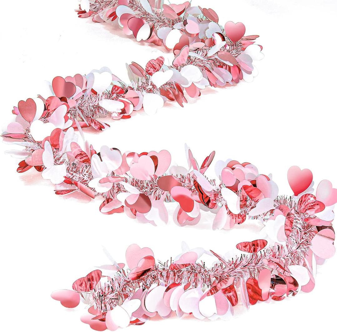 MTLEE 8 Pieces Valentine Tree Decorations Valentines Garland Shiny Heart Tinsel 6.56 Feet Each Metallic Tinsel Twist Garland for Mantle Tree Ornaments Wreath Wedding Party (Pink)
