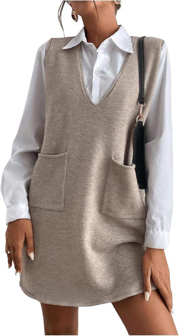 GORGLITTER Women's Sleeveless V Neck Fall Sweater Dress 2025 Dual Pocket Straight Wedding Guest Mini Dresses (Beige, M)